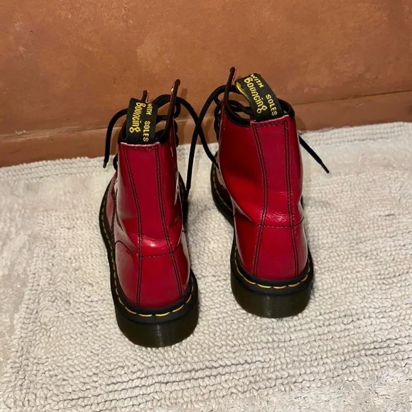 Dr. Martens Red Combat Boots with Yellow Stitching - Picture 3 of 7
